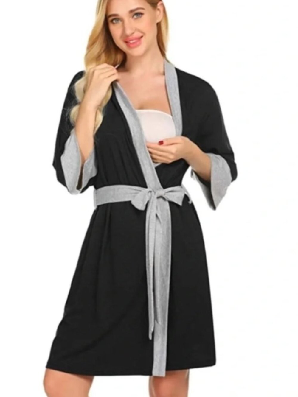 Ekouaer | Maternity Breastfeeding Nursing Robe in Black Gray MEDIUM NWT
